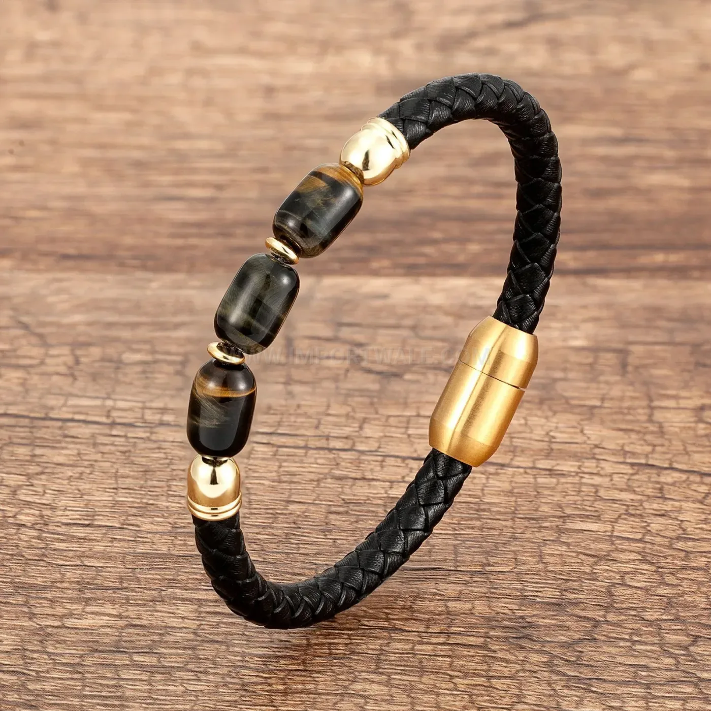 Natural Stone Cylinder Leather Bracelet with Stainless Steel Clasp