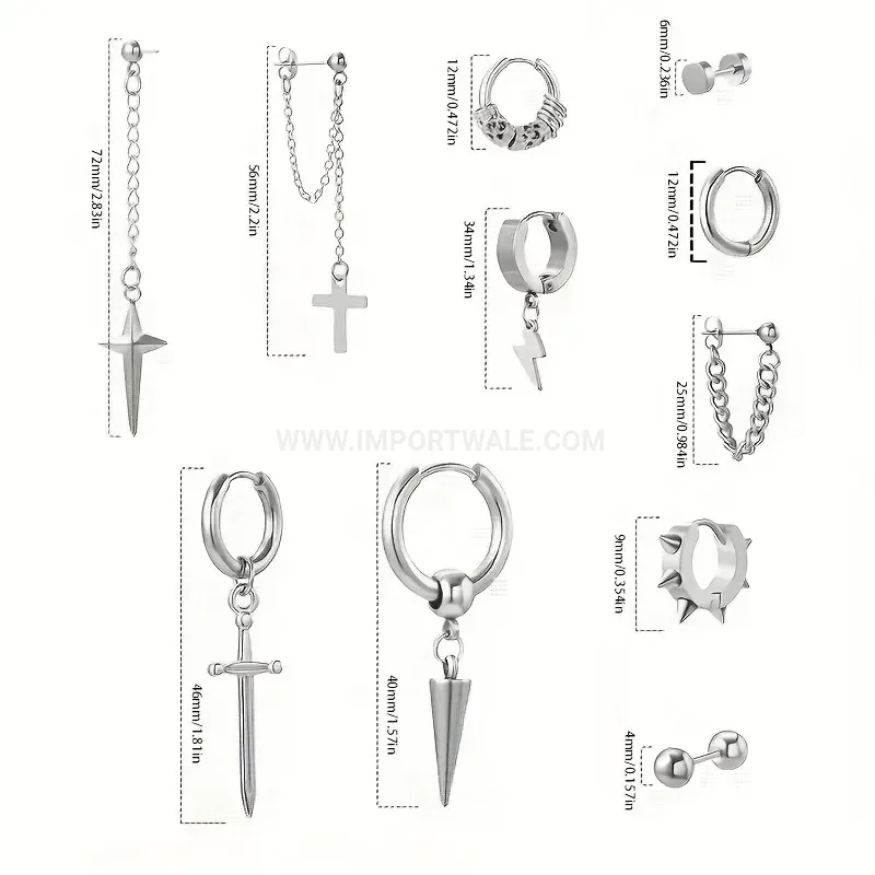 Premium Stainless Steel Dangle Chain Piercing Hoop Earring Set
