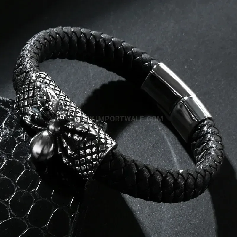 Designer Spider Motif Stainless Steel and Braided Leather Men Bracelet