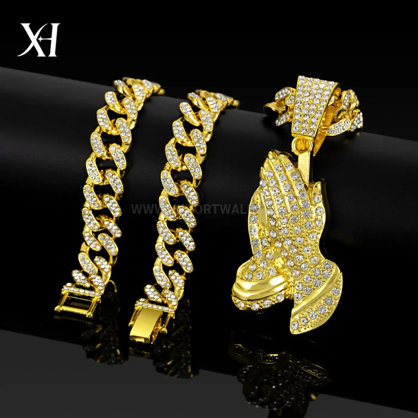 Pave Rhinestone Praying Hands Alloy Hip Hop Pendant