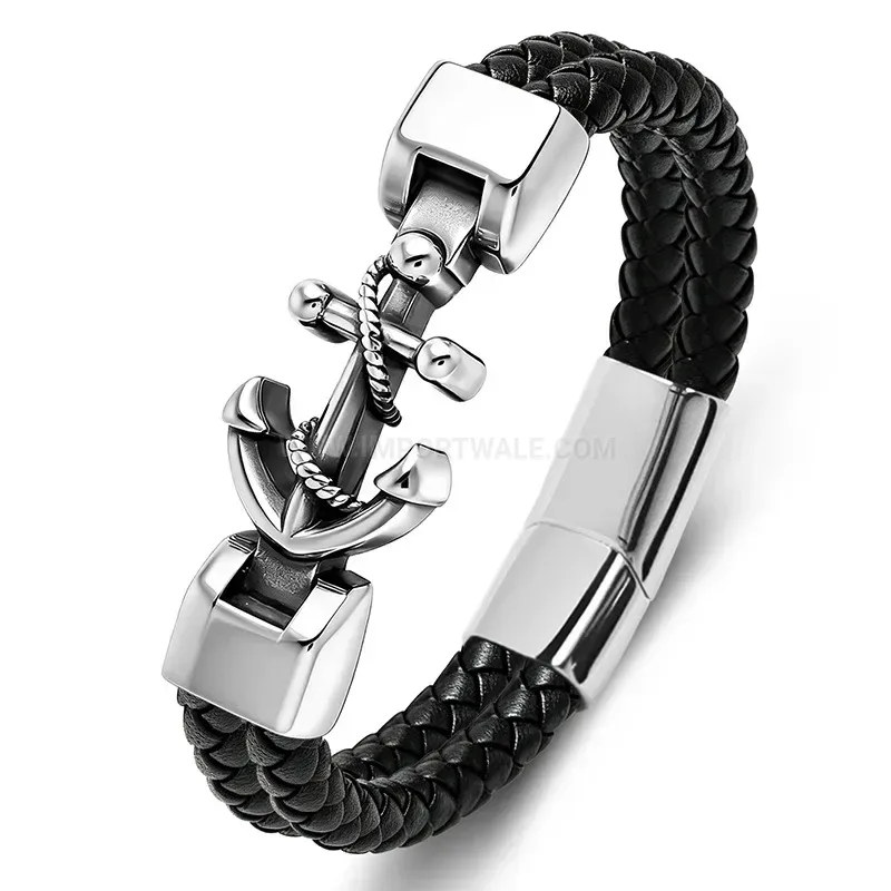 Trendy Anchor Motif Braided Rope Leather Stainless Steel Men's Bracelet