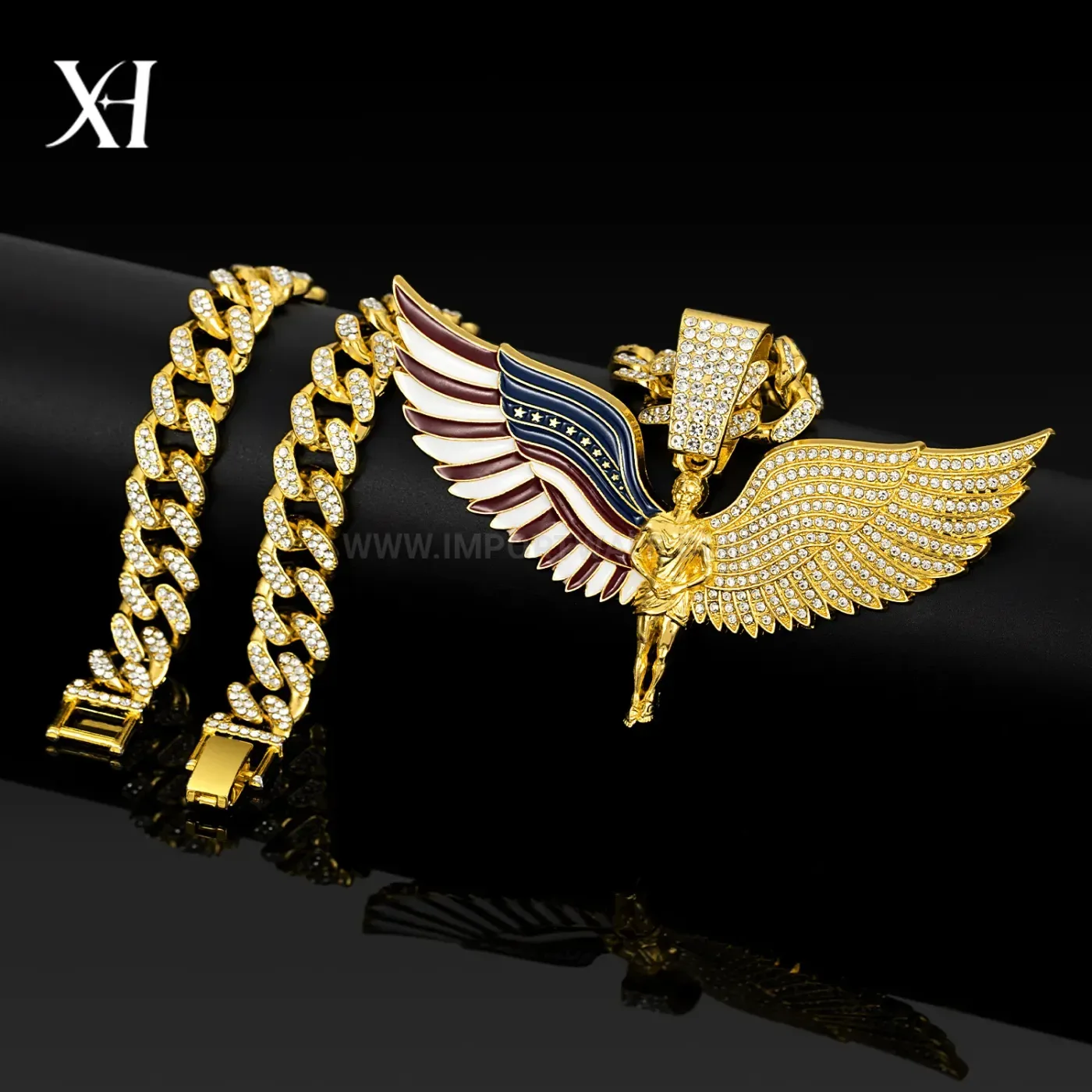 Iced Out Angel Wings US Flag Pendant Cuban Chain Necklace