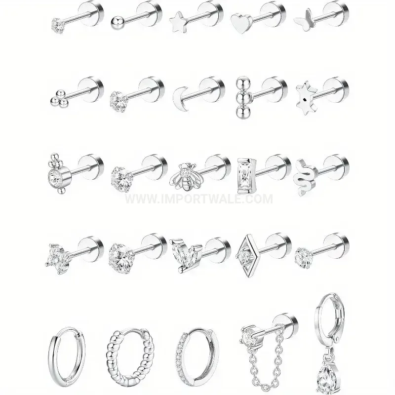 Premium Stainless Steel Rhinestone and Pearl Piercing Cartilage Stud Earring Set