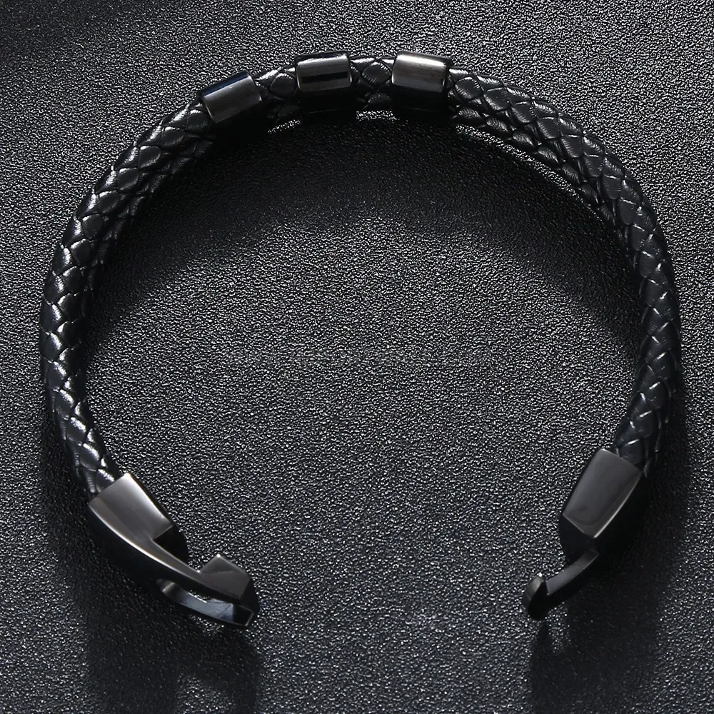 Customizable Double Layer Braided Leather Stainless Steel Bracelet