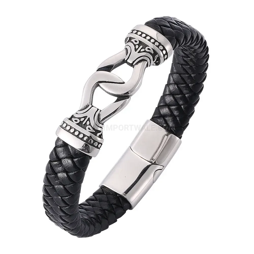Vintage Totem Stainless Steel and Woven Black Leather Men Bracelet