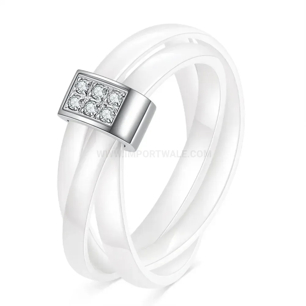 Modern Double Row Zirconia Inlaid Ceramic Interlocking Stainless Steel Band Ring