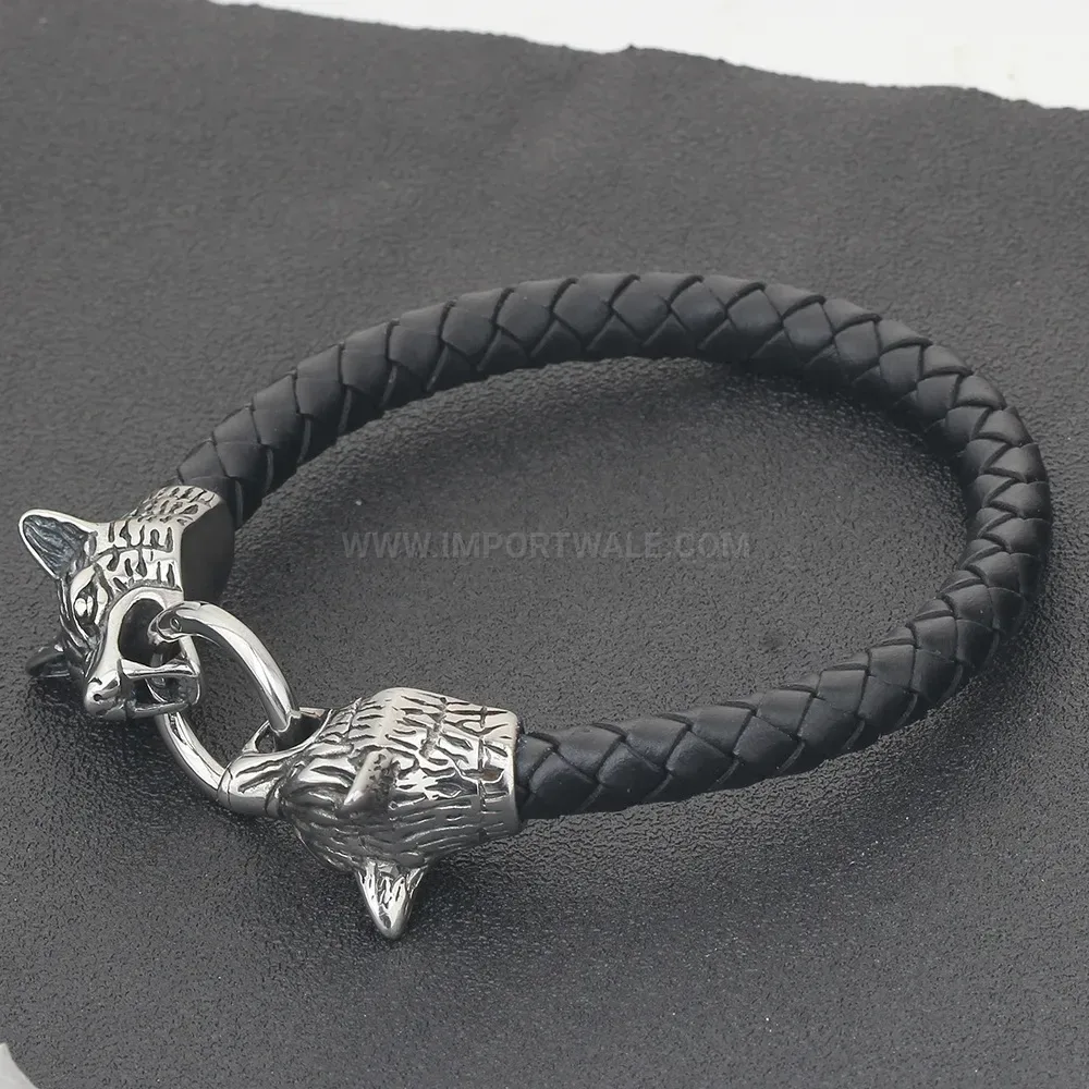 Braided Leather and Stainless Steel Double Wolf Head Bracelet