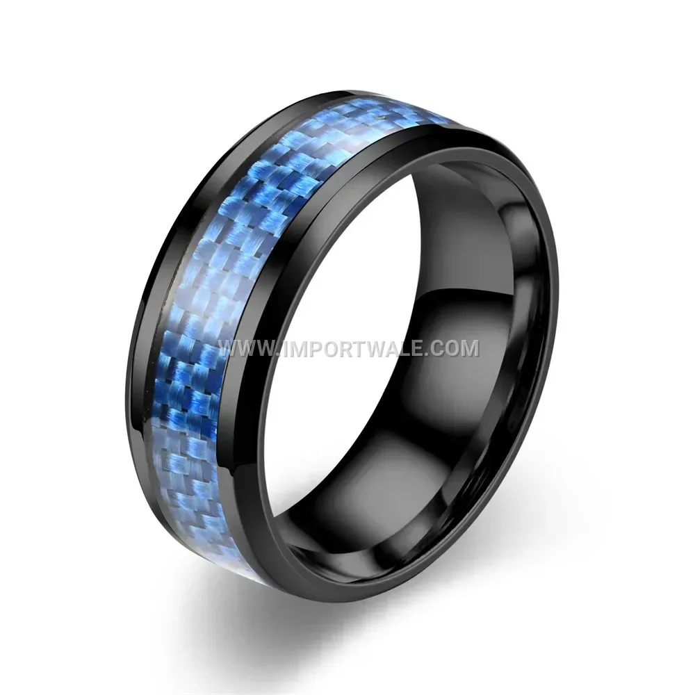 Black Stainless Steel Band Ring with Blue Carbon Fiber Inlay