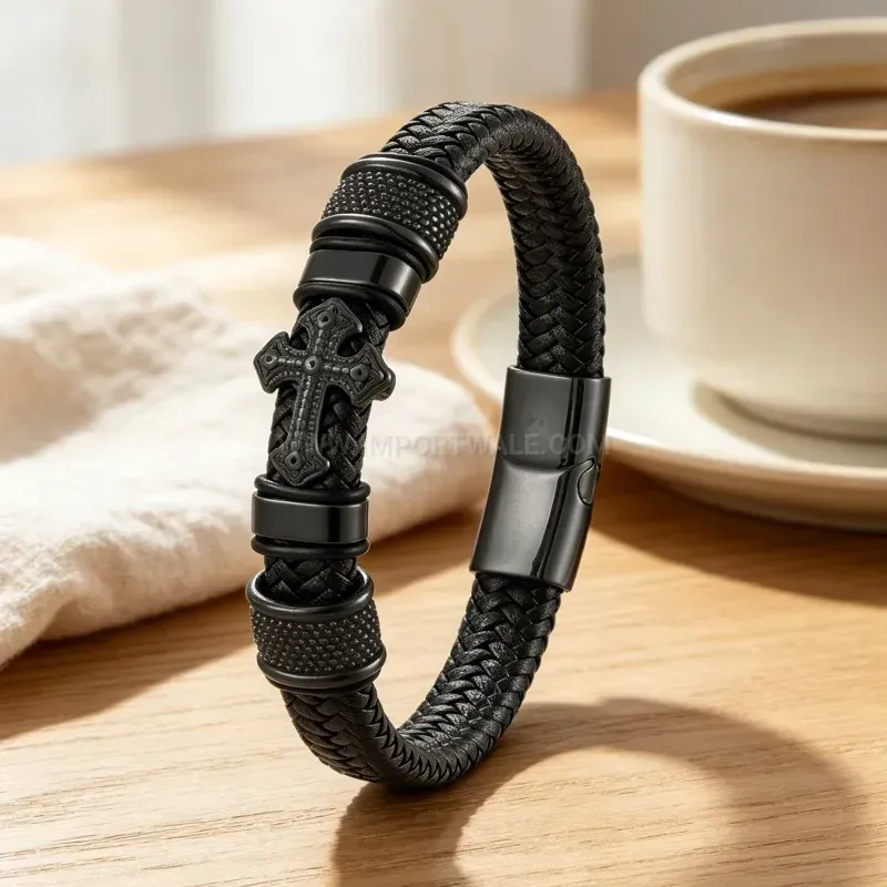 Trendy Braided Leather Cross Charm Wristband with Magnetic Clasp