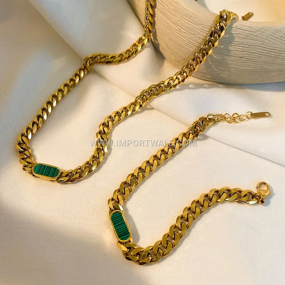 Gold Plated Stainless Steel Cuban Chain Shell Inlay Necklace