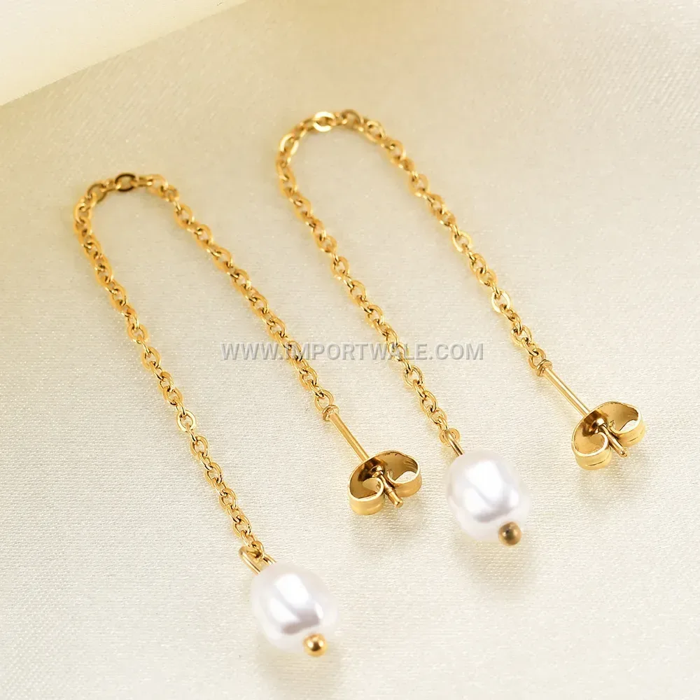 Stainless Steel O-Chain Tassel Drop Earrings Featuring Pearl Pendants