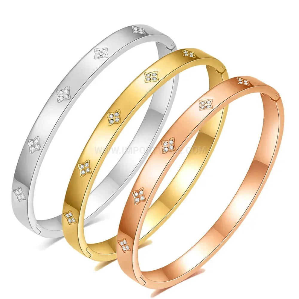 Designer Cross Rhinestone Inlaid Open Stainless Steel Bangle