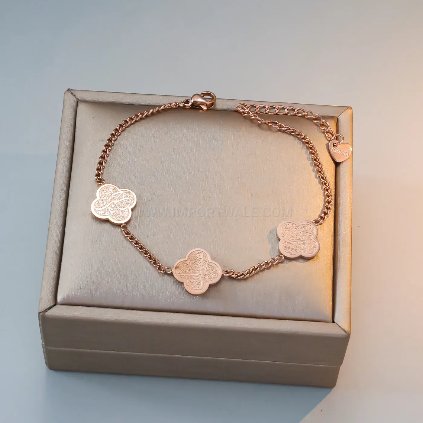 Arabic Script Clover Pendant Stainless Steel Islamic Chain Bracelet