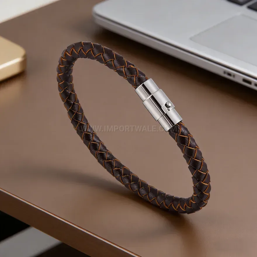 Elegant Minimalist Woven Leather Wristband with Magnetic Clasp