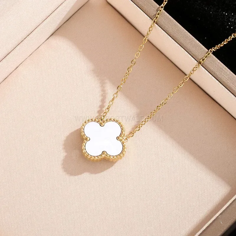 Stylish Rhinestone Four Leaf Clover Shell Pendant Stainless Steel Necklace