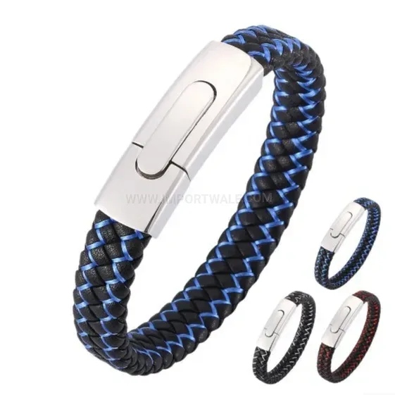 Two-Tone Braided Leather Magnetic Stainless Steel Bracelet