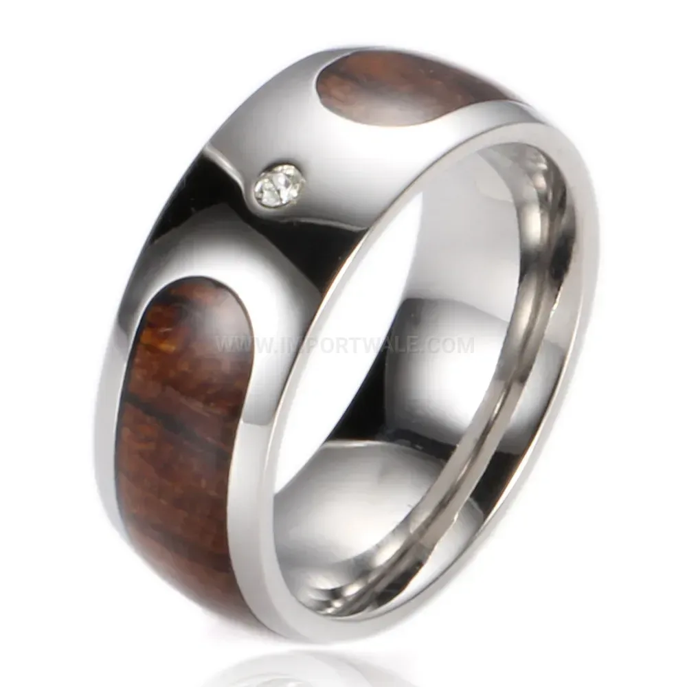 Elegant Wood Grain Inlaid Rhinestone Stainless Steel Couple Ring