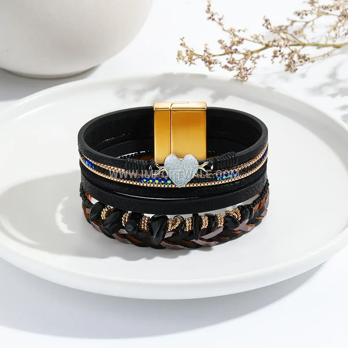 Multi-Strand Braided PU Leather Heart Charm Cuff Bracelet