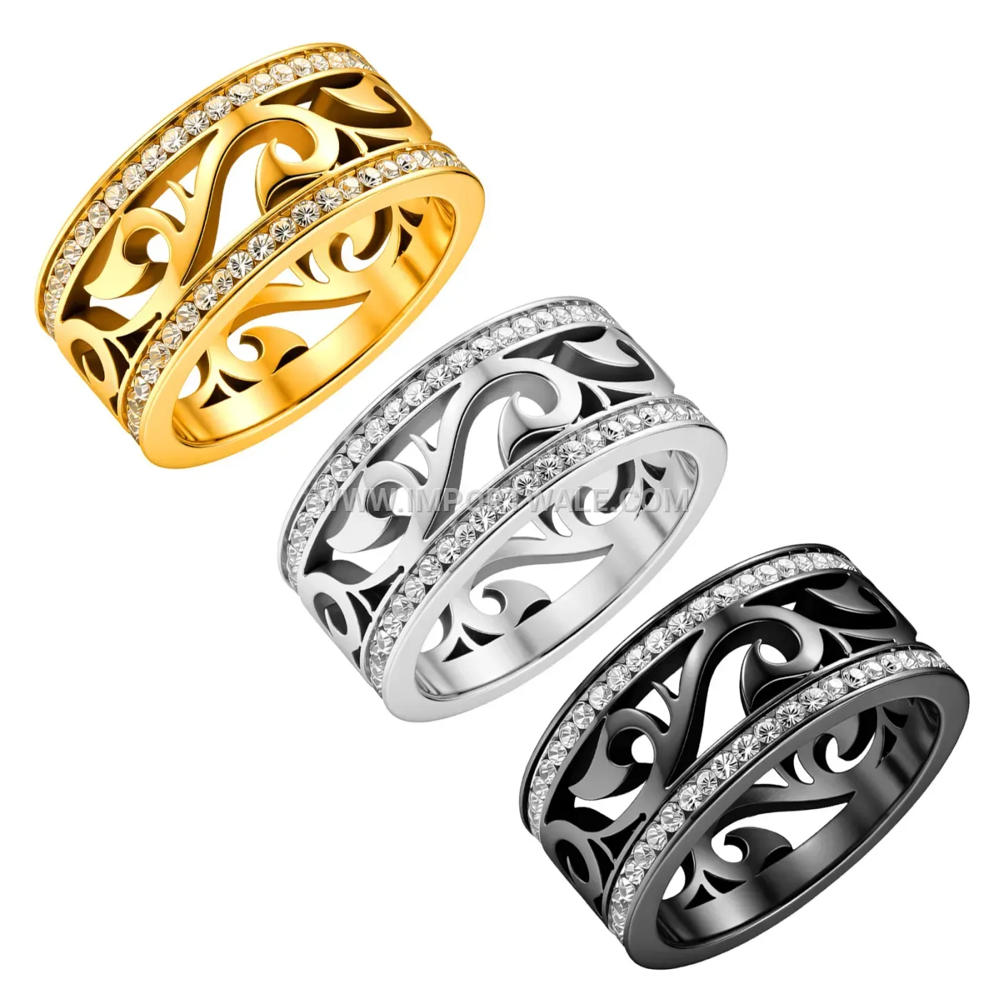 Hollow Carved Vine Pattern Zircon Stainless Steel Ring