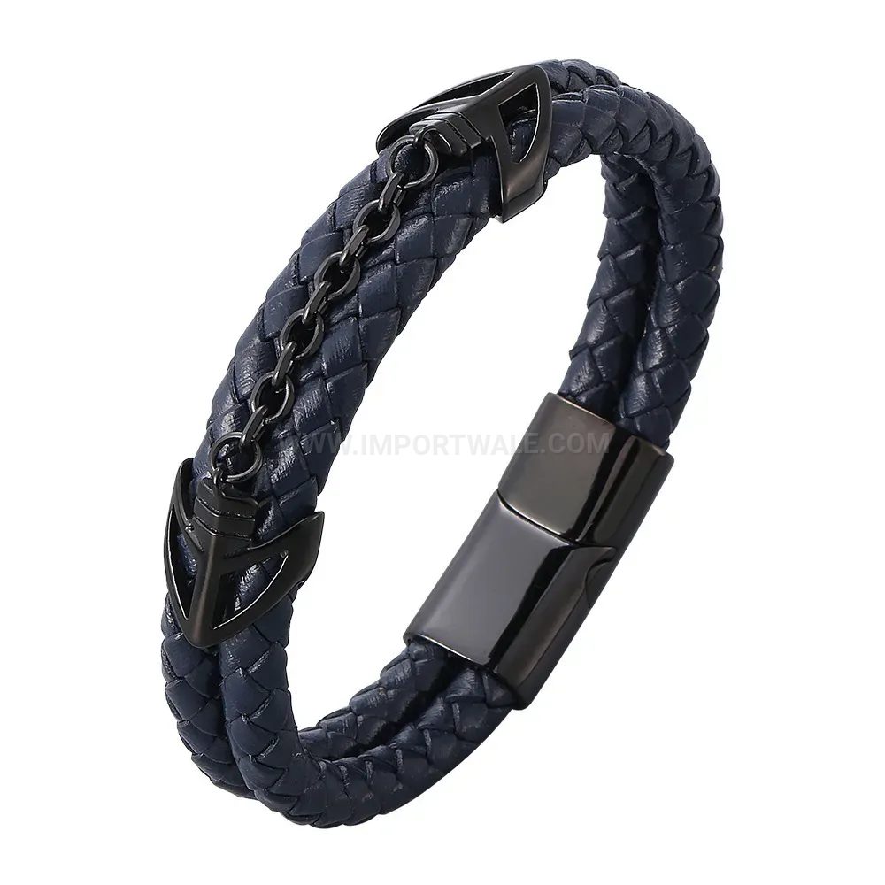 Chic Double-Layer Woven Navy Leather Men's Stainless Steel Clasp Bracelet