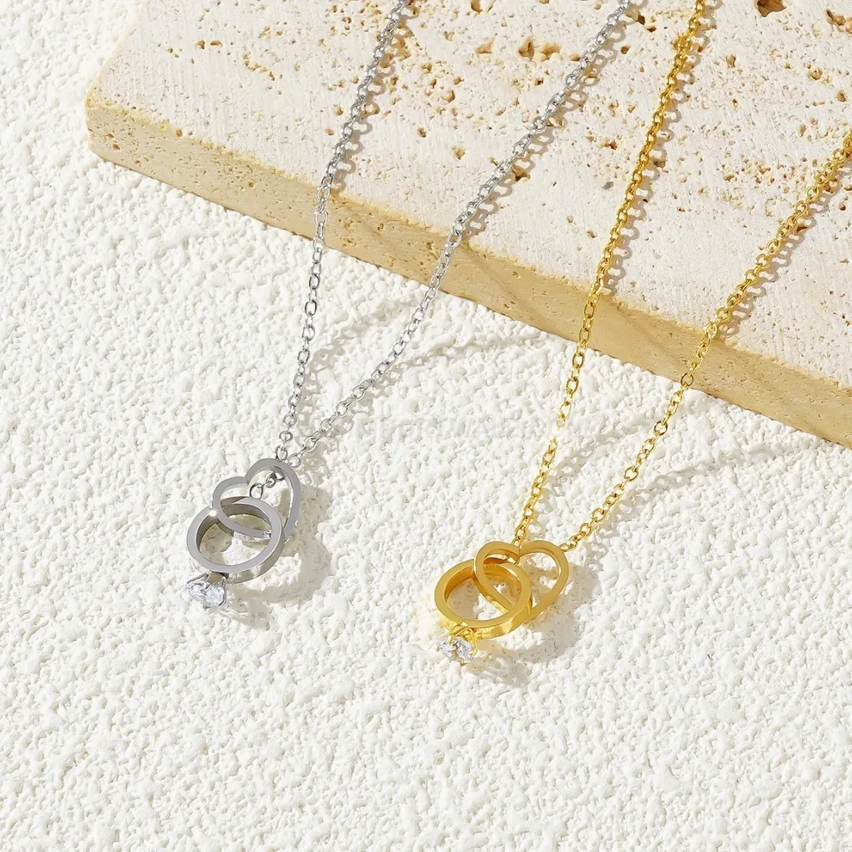Stylish Minimalist Heart Ring Pendant Titanium Steel Gold Plated Necklace