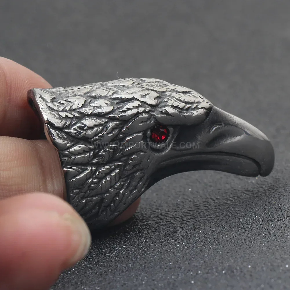 Fashion Vintage Punk Stainless Steel Eagle Head Ring with Zircon Accent