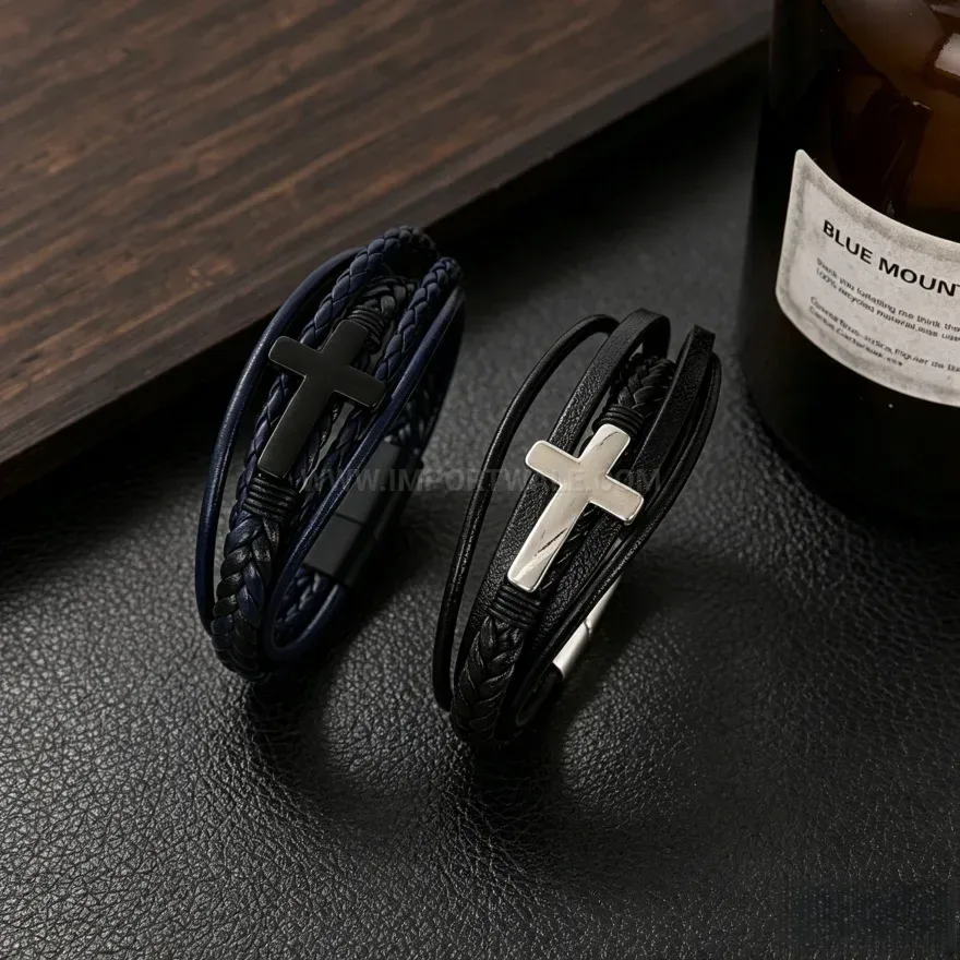 Stylish Multi Strand Leather Cross Bracelet with Magnetic Clasp