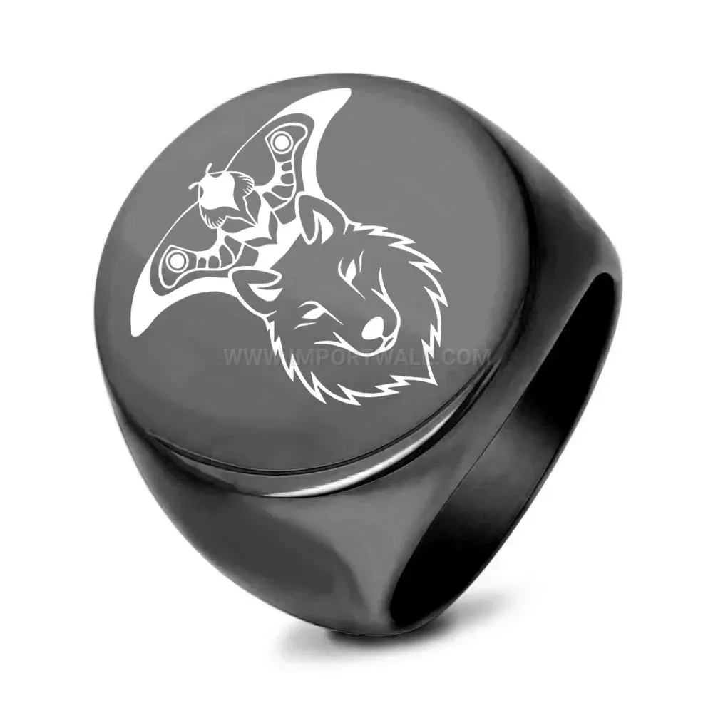 Elegant Laser-Engraved Eagle and Wolf Stainless Steel Signet Ring