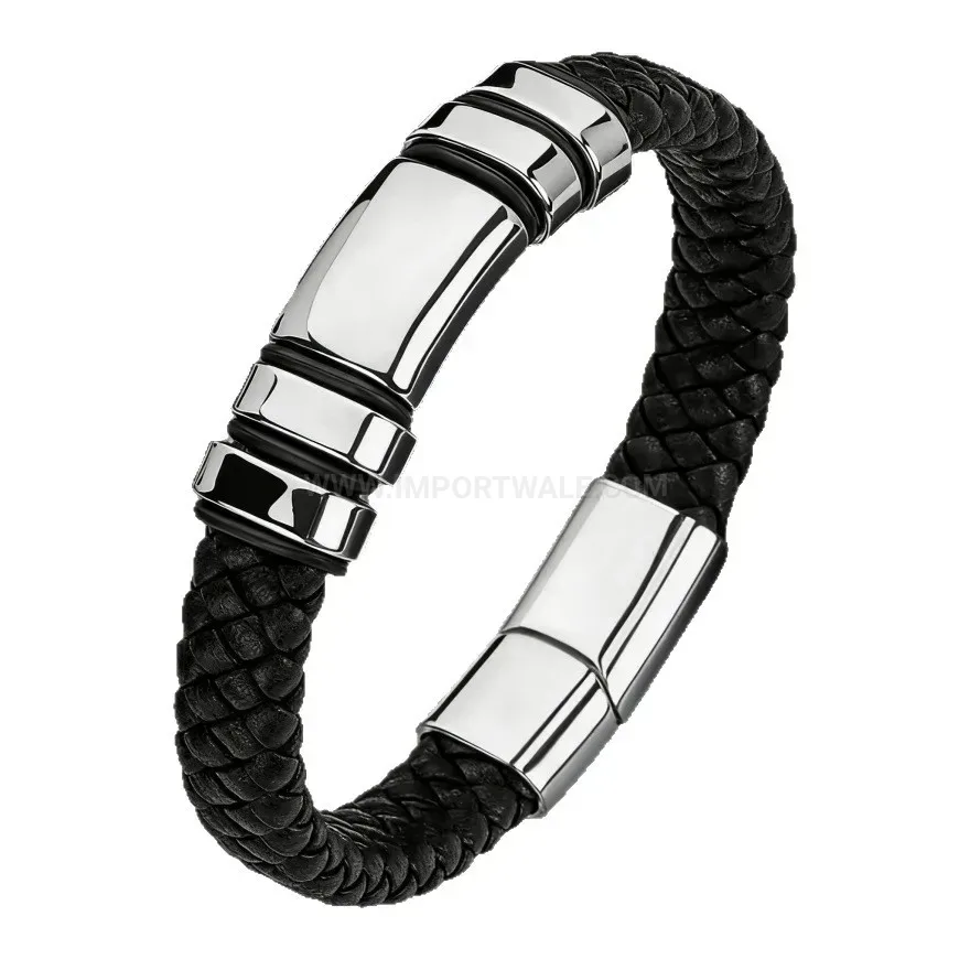 Fashion Braided Leather Business Bracelet With Alloy Magnetic Clasp