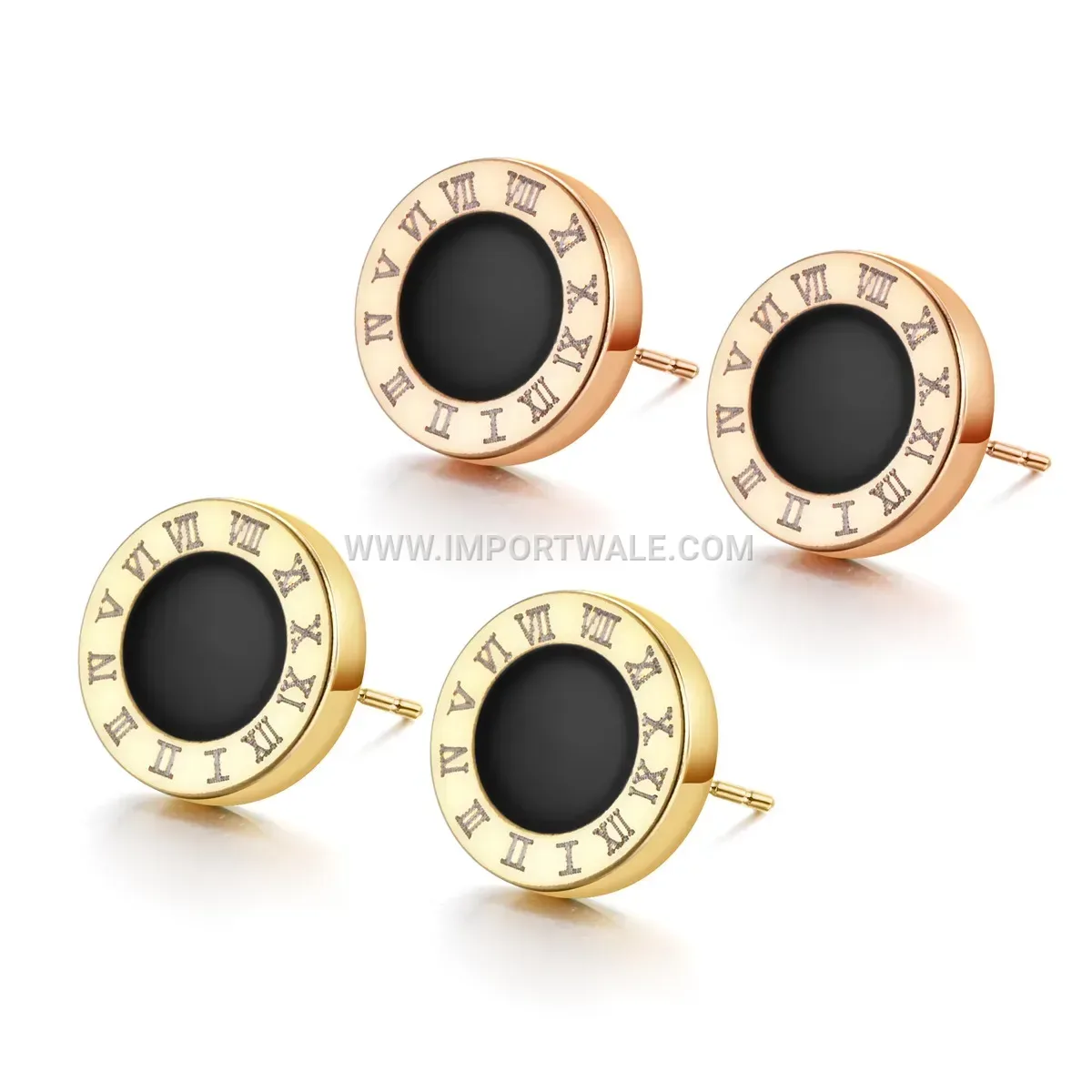 Roman Numeral Black Enamel Stainless Steel Stud Earrings