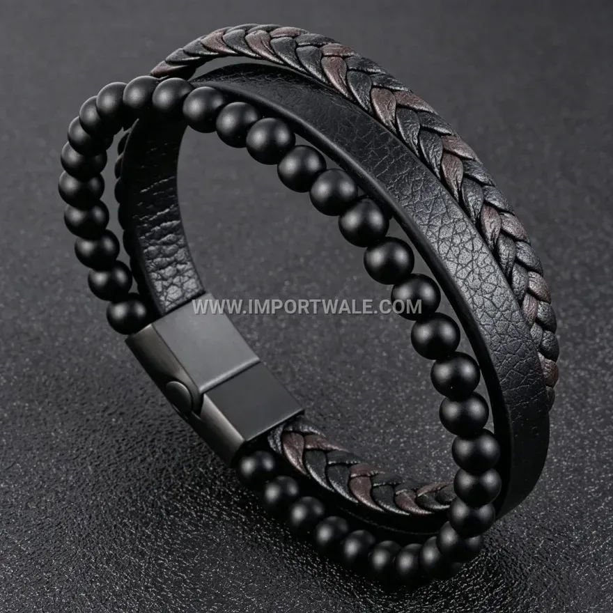 Braided Leather and Natural Stone Bead Bracelet