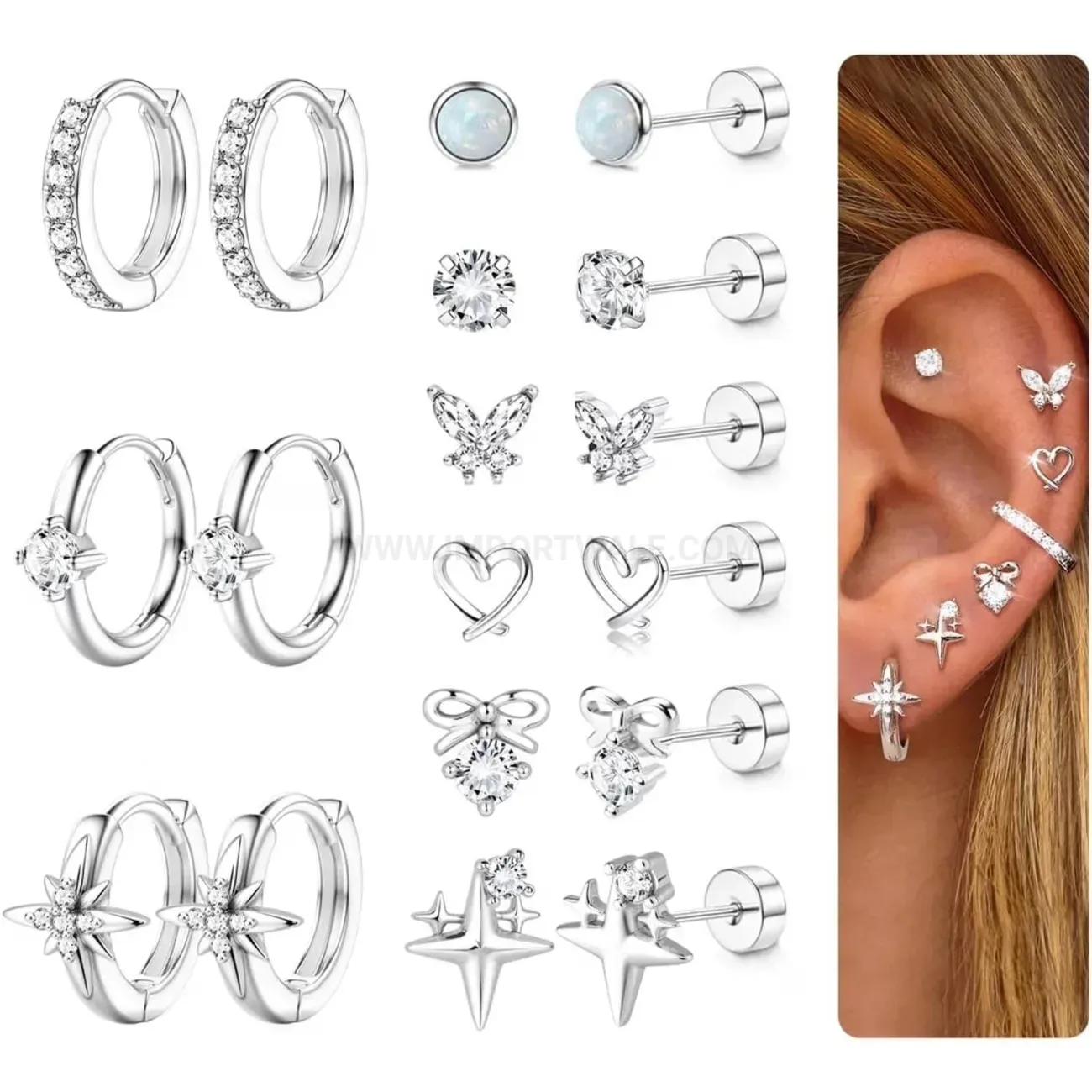 Trendy Stainless Steel Flat Back Stud and Hoop Piercing Earring Set