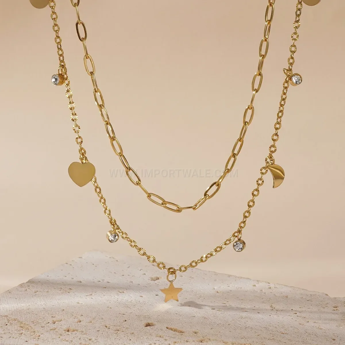 Premium Layered Gold Plated Titanium Steel Star and Moon Pendant Necklace