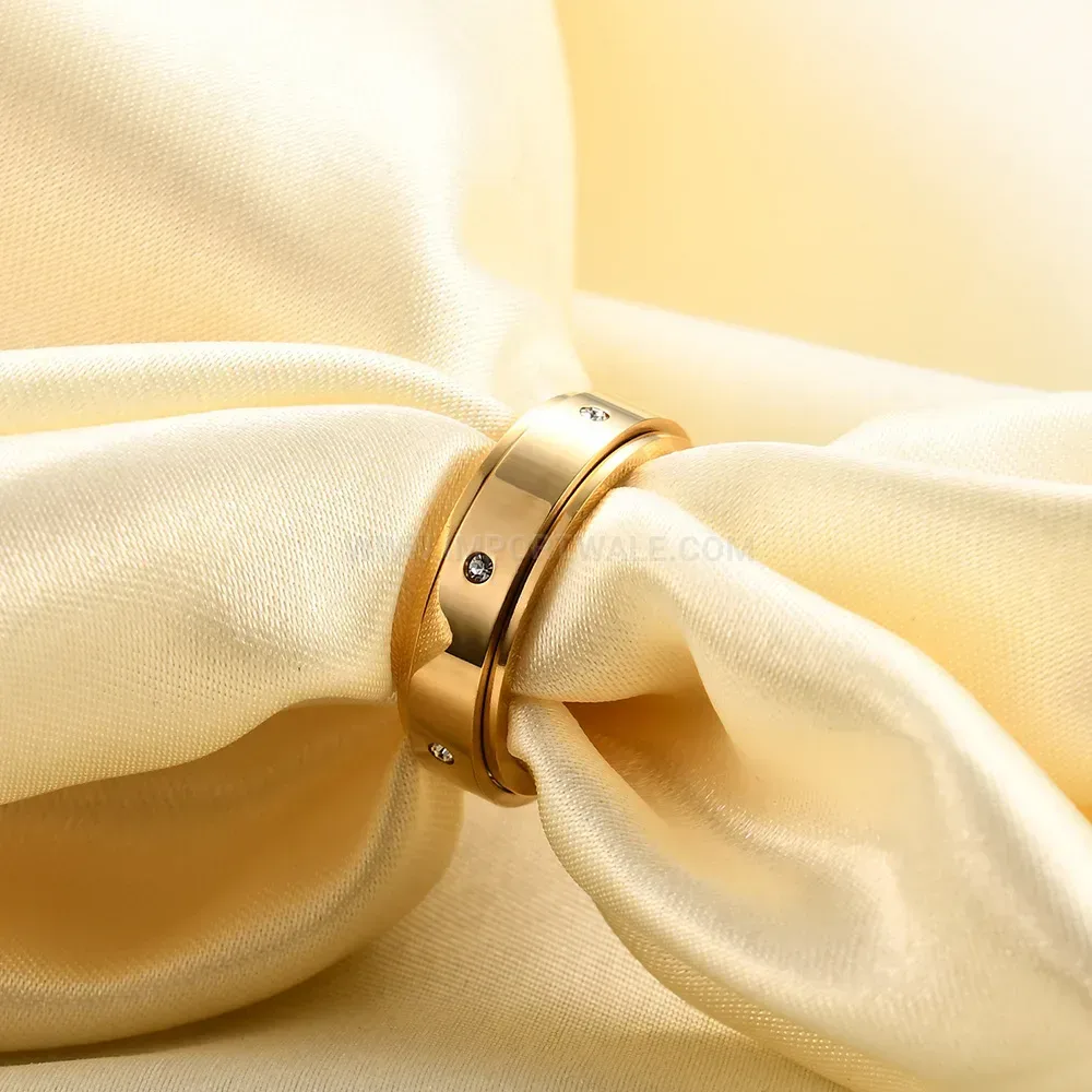 Spinner Stainless Steel Band Ring with Symmetrical Crystal Accents