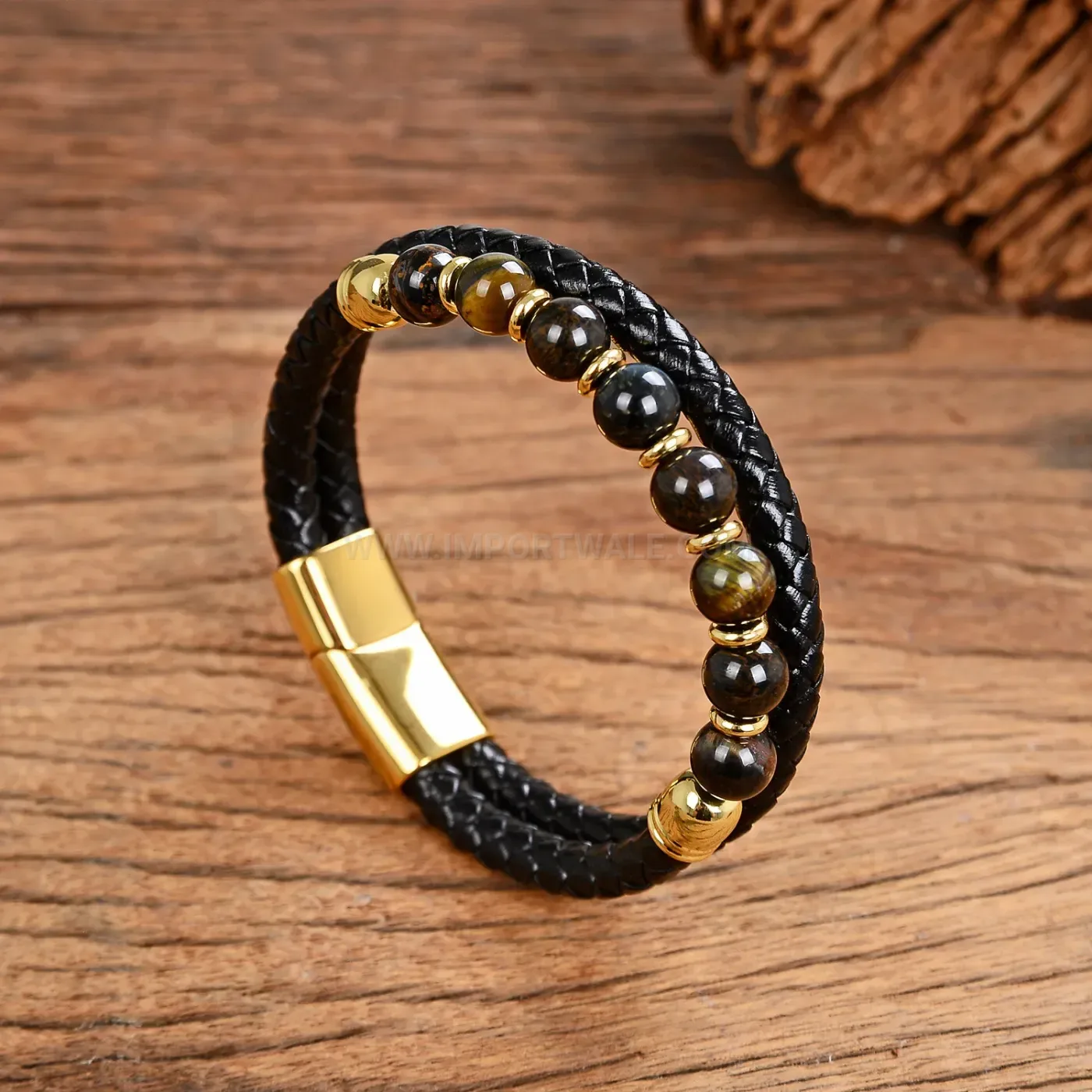 Double Layer Braided Leather Stone Bead Bracelet with Stainless Steel Clasp