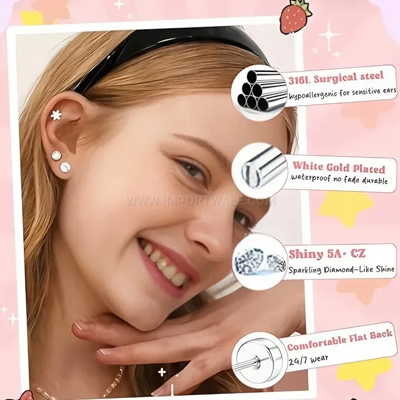 Bold Colorful Zirconia Star Floral Stainless Steel Piercing Earring Set