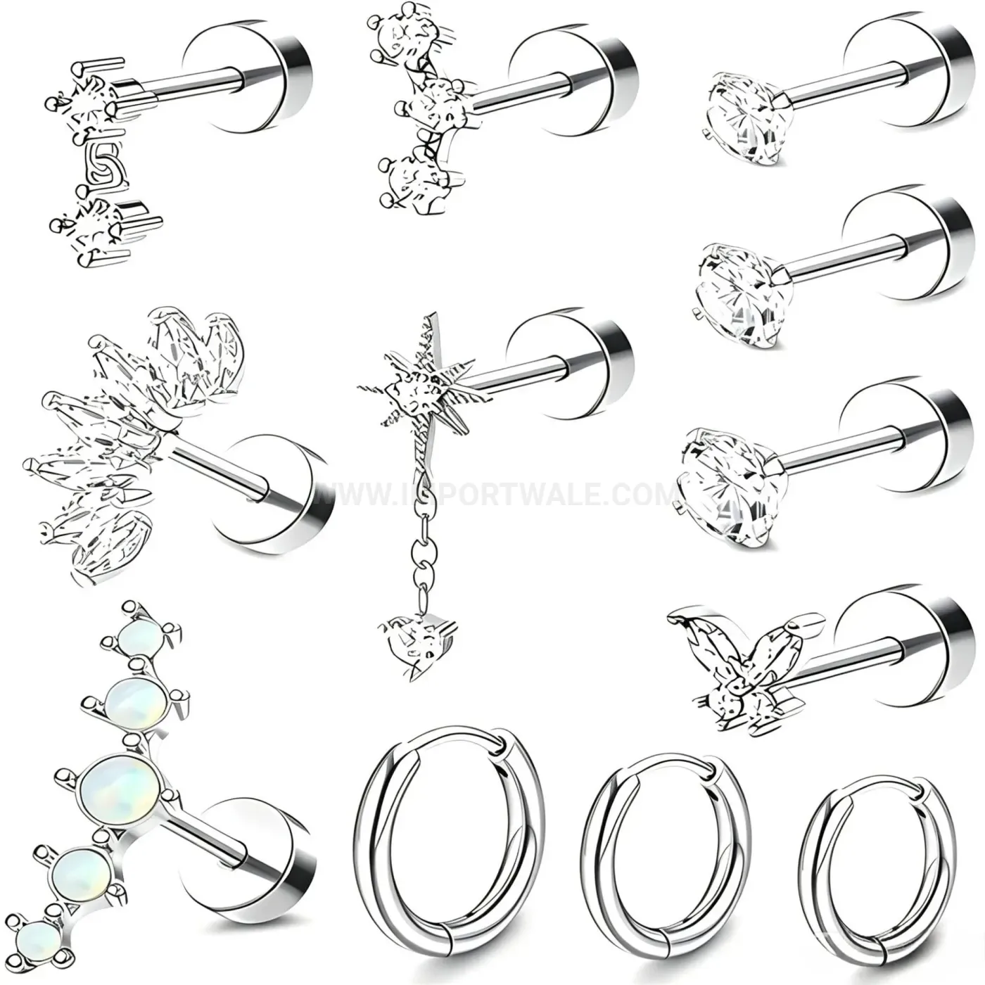 Elegant Stainless Steel Butterfly Chain Piercing Stud Earring Set