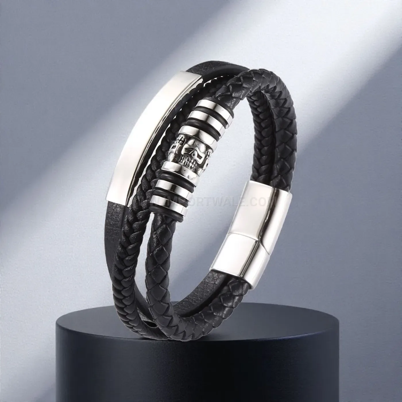 Viking Patterned Multi Strand Woven Leather Stainless Steel Bracelet