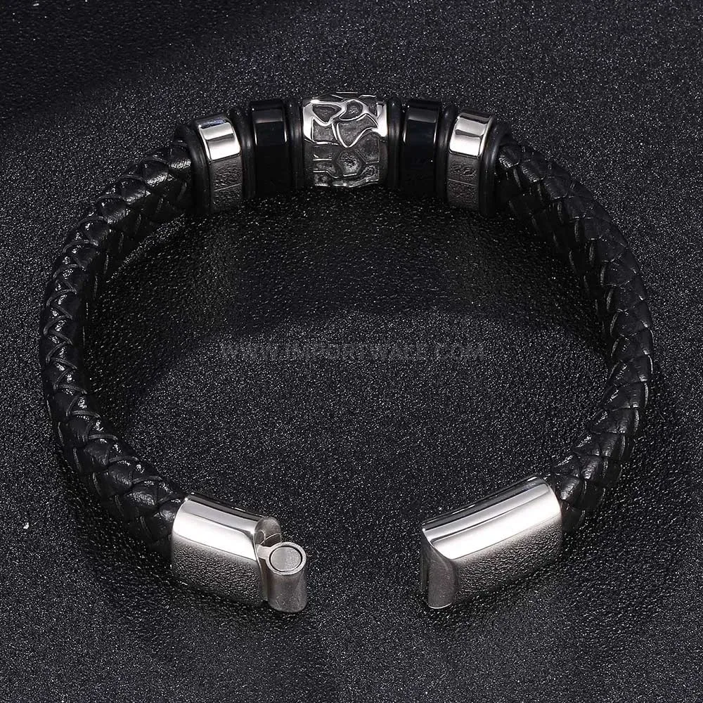 Woven Black Leather Bracelet with Electroplated Stainless Steel Clasp