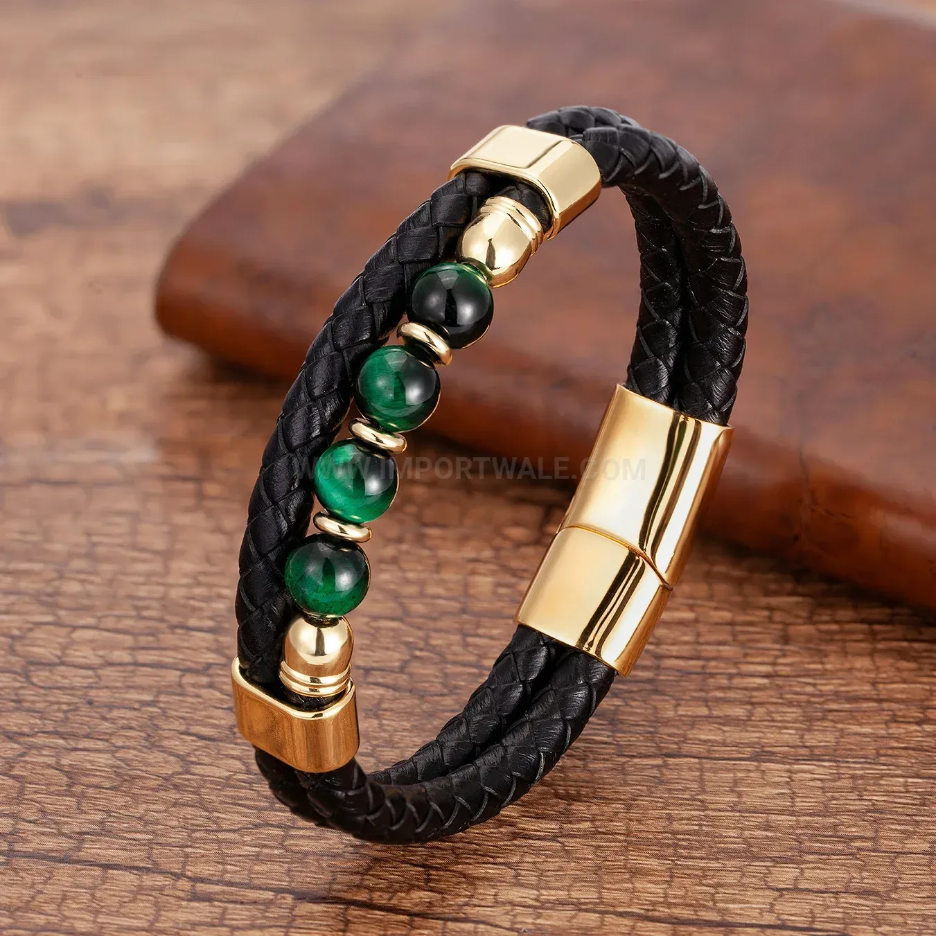 Double Strand Woven Leather and Stone Stainless Steel Bracelet