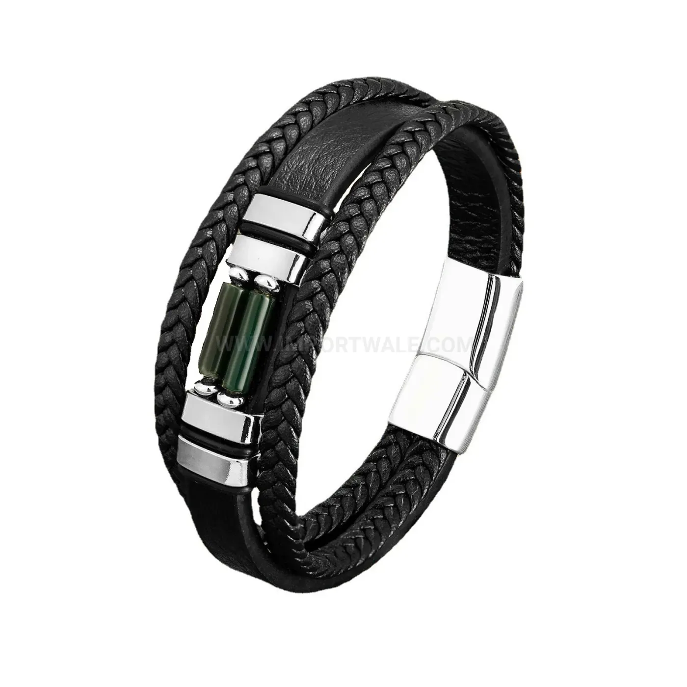 Vintage Braided Leather Stone Bracelet with Geometric Stainless Steel Clasp