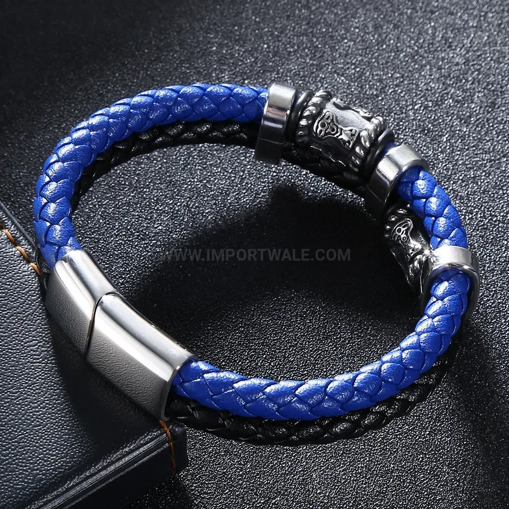 Handcrafted Two-Tone Leather Stainless Steel Beaded Wristband