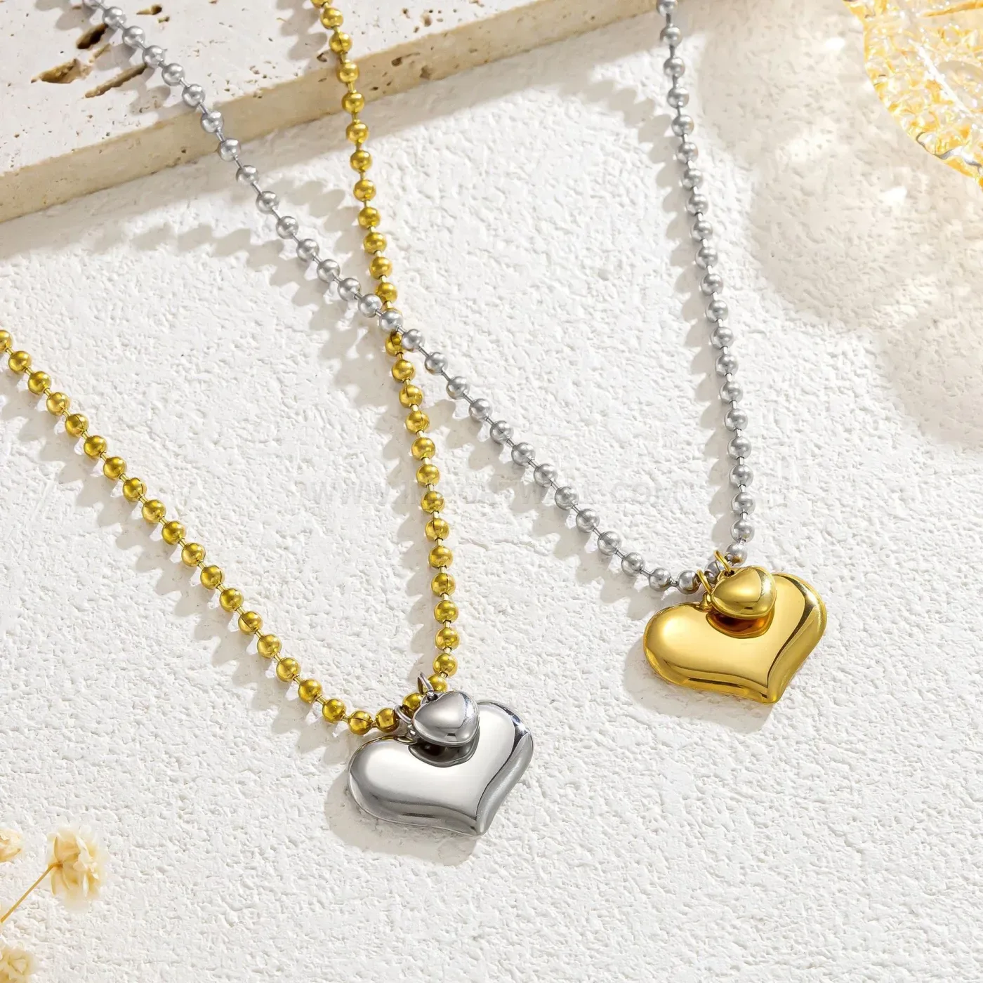 Premium Two-Tone Titanium Steel Heart Pendant Bead Chain Necklace
