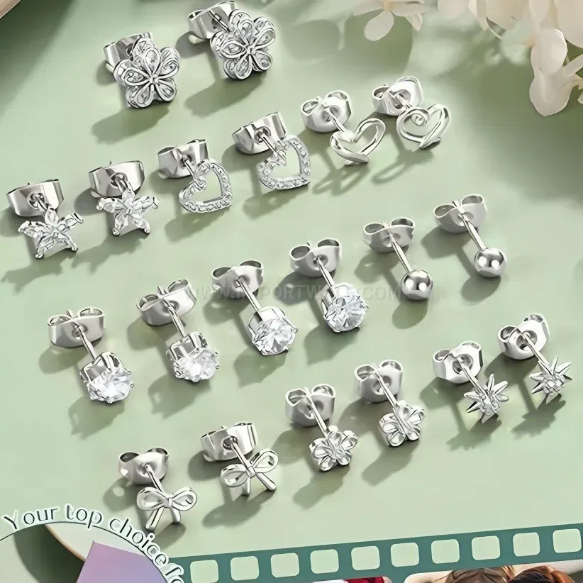 Modern Luxury Stainless Steel Rose Heart Zircon Piercing Stud Earrings