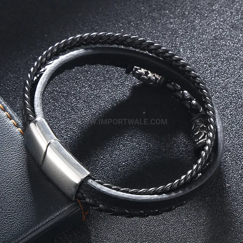 Woven Leather Strand Stainless Steel Magnetic Clasp Bracelet
