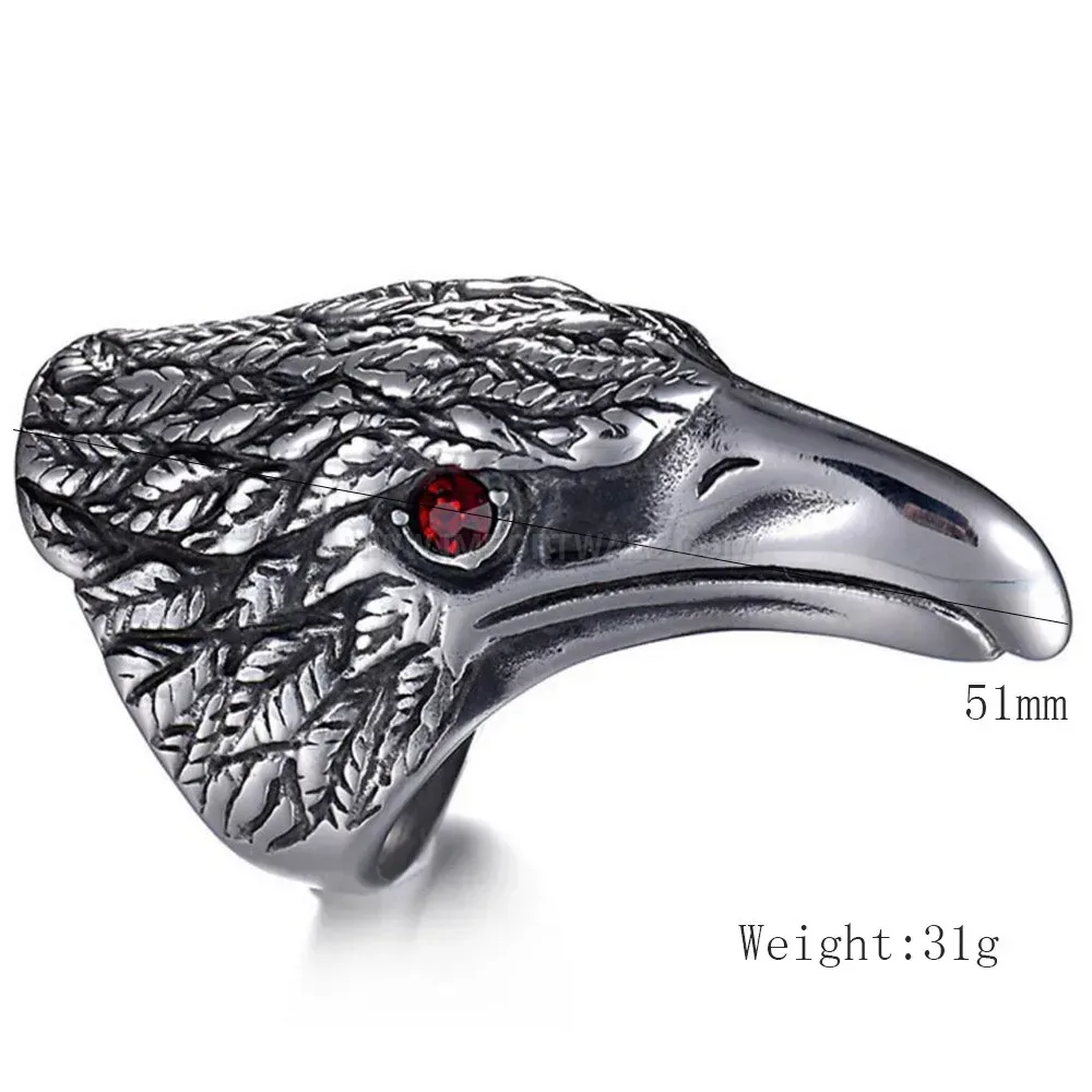 Fashion Vintage Punk Stainless Steel Eagle Head Ring with Zircon Accent