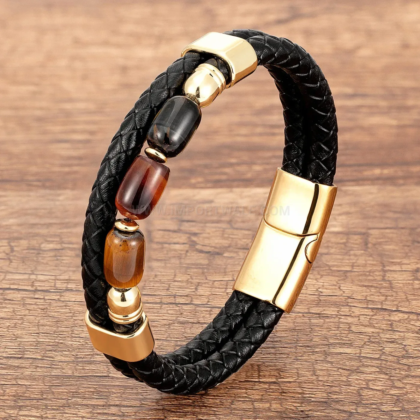 Braided Leather Tiger Eye Natural Stone Wristband Stainless Steel Clasp