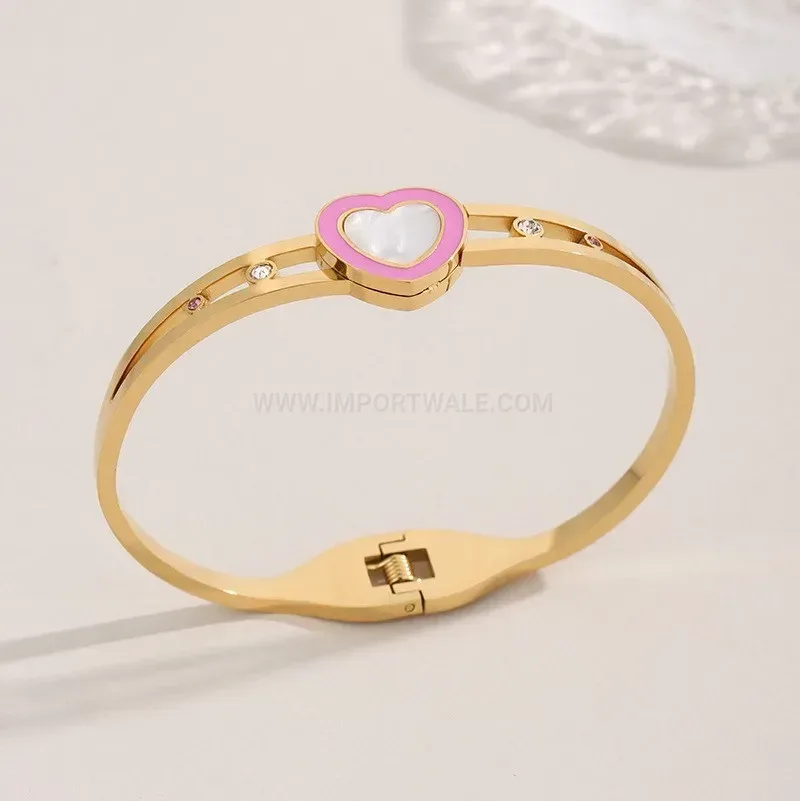 Elegant Mother of Pearl Heart Zircon Titanium Steel Bangle