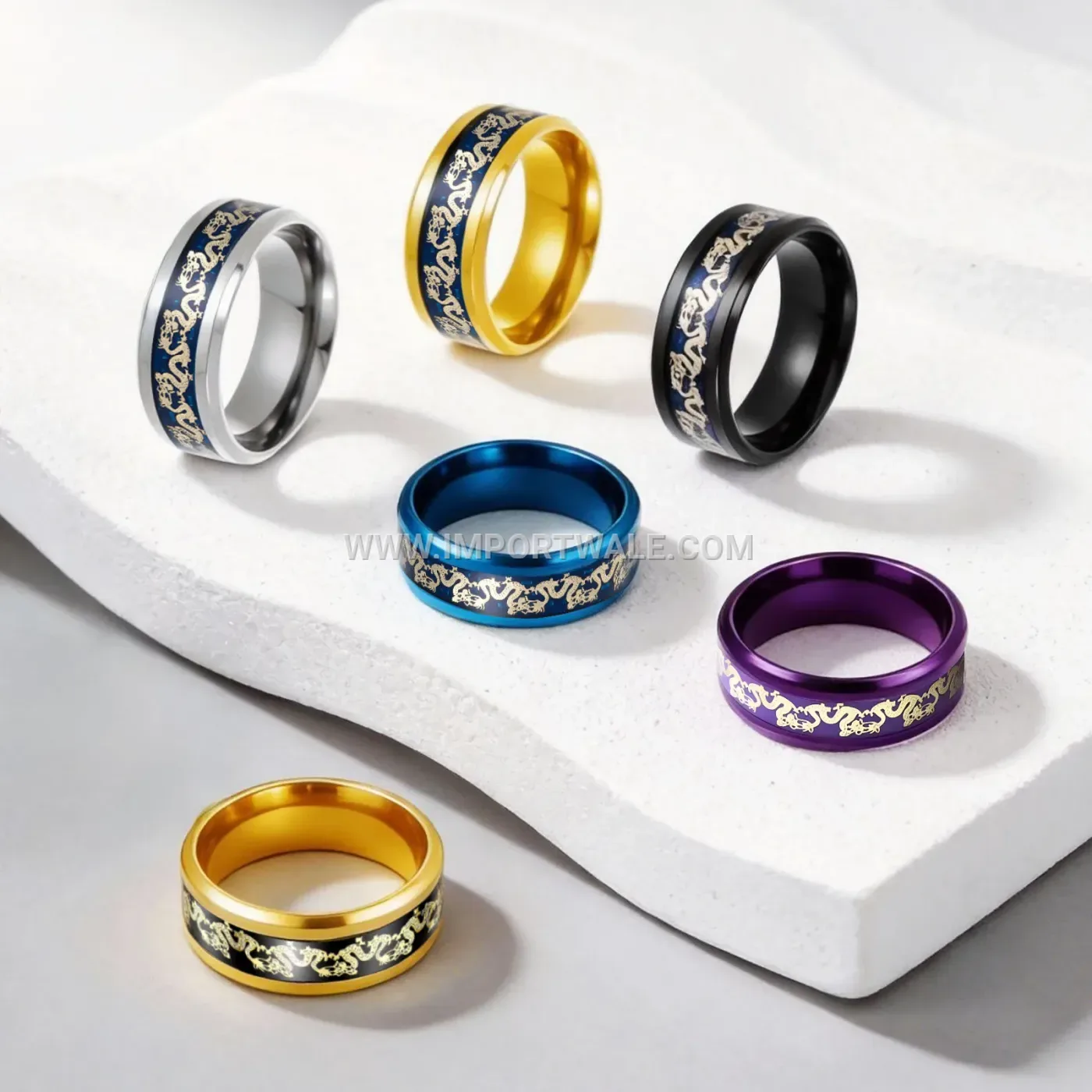 Beveled Edge Dragon Motif Stainless Steel Ring Band