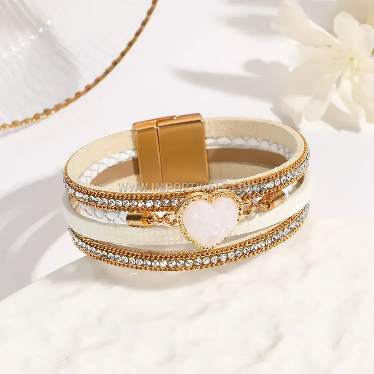 Handwoven Heart Crystal Leather Beaded Bracelet
